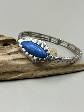 Silver-Tone Bangle Bracelet with Blue Marquise Stone
